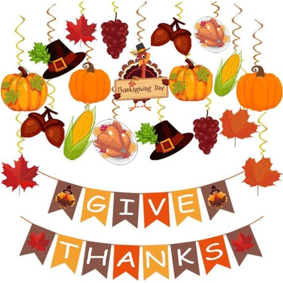 42Pcs Thanksgiving Decorations Pre-Assembled GIVE THANKS Banner Hanging Swirls - Picture 4 of 7